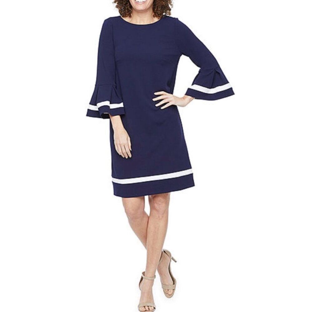 R&M Women Navy Inverted Pleat 3/4 Length Sleeve Sheath Dress Size 18